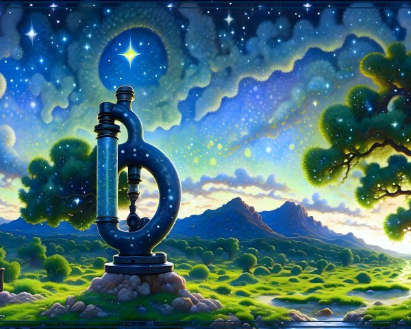 Whimsical Landscape with Ornate Microscope and Twilight Sky