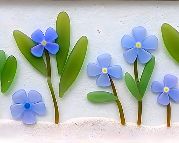 Delicate Blue Flowers with Green Leaves on Sandy Background
