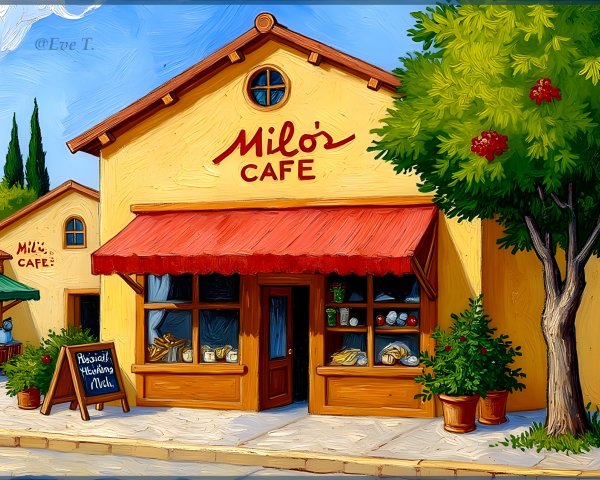 Charming Yellow Café with Red Awning and Baked Goods