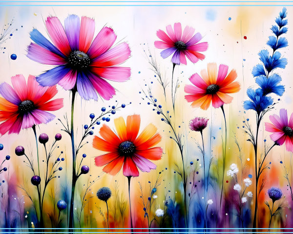 Vibrant Painting of Colorful Flowers in a Breeze