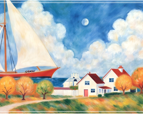 Vibrant Painting of Sailboat and Coastal Village Scene
