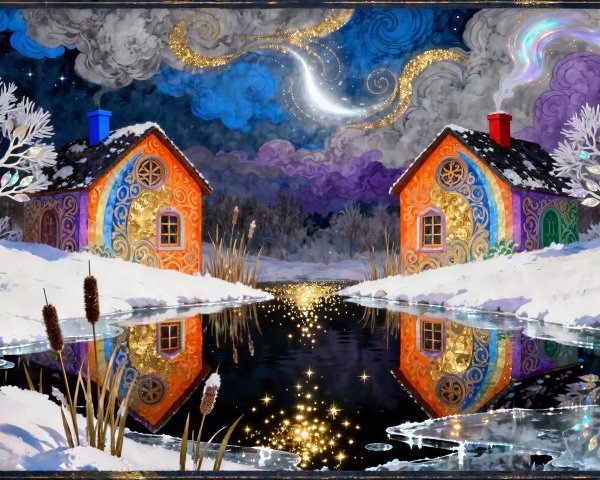 Magical Snowy Landscape with Colorful Houses and Trees