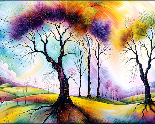 Vibrant Landscape with Colorful Trees and Dreamlike Sky