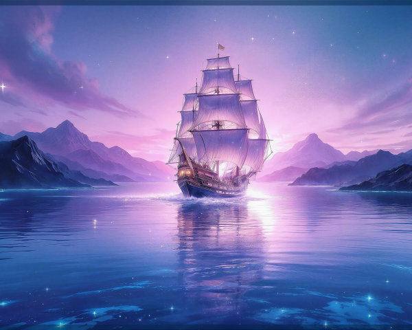 Tall Ship Sailing on a Twilight Sea with Mountains
