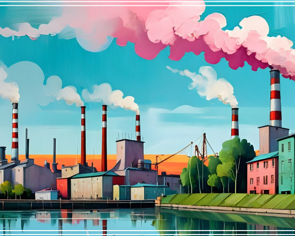 Vibrant Industrial Scene by Calm Waterway at Sunset