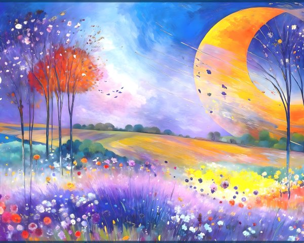 Vibrant Landscape with Colorful Flowers and Moon