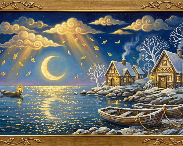Magical Winter Night with Crescent Moon and Cottages