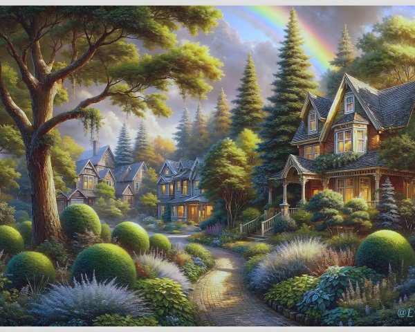 Charming Neighborhood with Lush Greenery and Rainbow