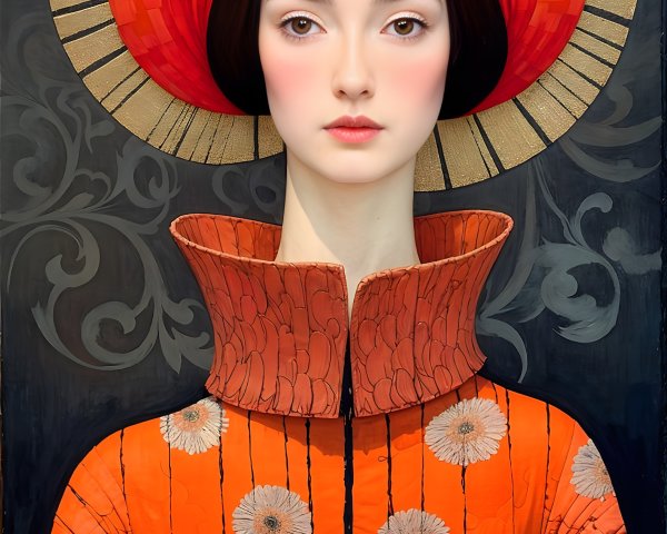 Portrait of a Woman in Vibrant Red Garment and Patterns
