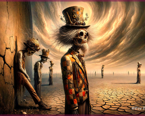Surreal Landscape with Skeletal Figures in Vintage Attire