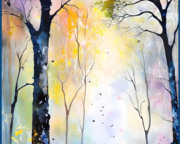 Whimsical Watercolor Forest Scene with Silhouetted Figure