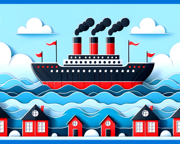 Colorful Illustration of Ship and Whimsical Landscape