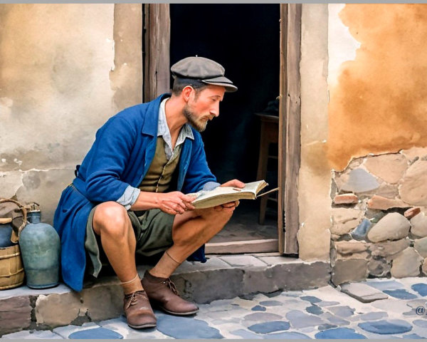 Man Reading on Stone Steps of Rustic Building