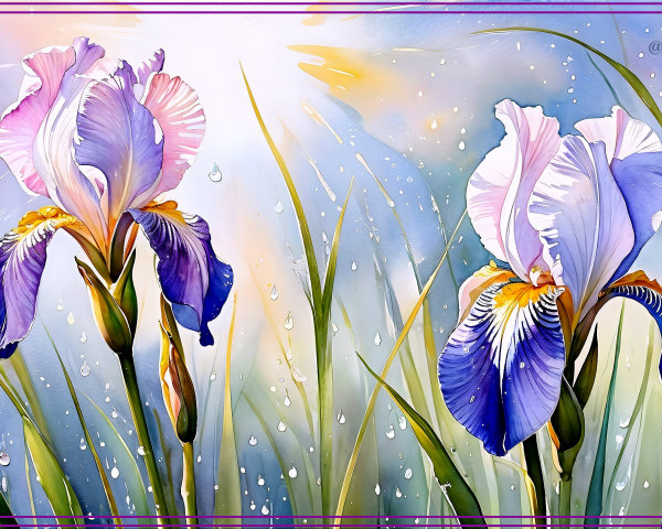 Elegant Irises with Pink and Blue Petals in Spring Scene