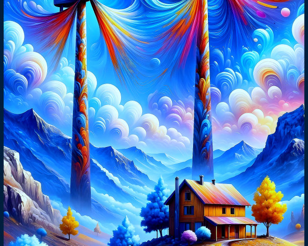 Surreal Landscape with Colorful Wind Turbines and Trees