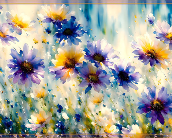 Vibrant Field of Purple and Golden Flowers in Watercolor