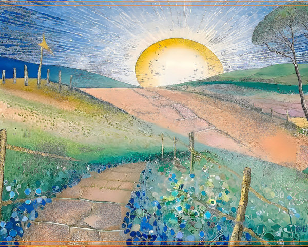 Vibrant Landscape with Rolling Hills and Colorful Flowers