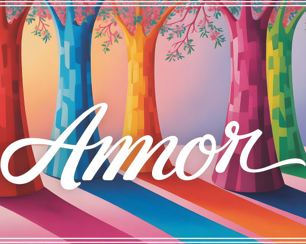 Vibrant Scene with Stylized Trees and Colorful Shadows