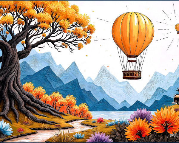 Vibrant Landscape with Tree, Lake, and Hot Air Balloons