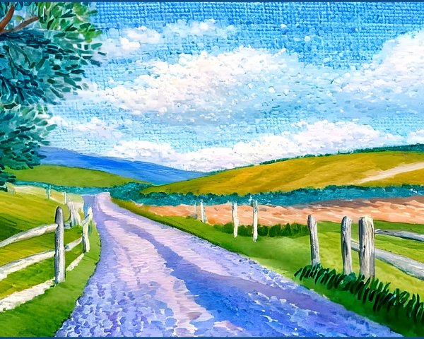 Winding Dirt Road with Picket Fence and Green Fields