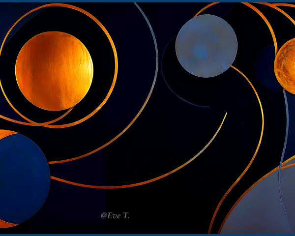 Abstract Artwork with Circular Forms and Golden Lines
