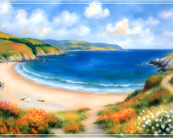 Coastal Scene with Beach, Wildflowers, and Cottage