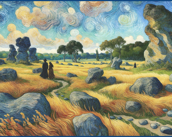 Vibrant Landscape with Figures and Reflective Water Body