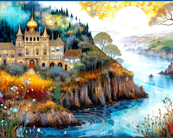 Majestic Castle Overlooking Vibrant Fantasy Landscape