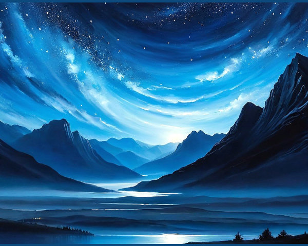 Serene Night Landscape with Mountains and Starry Sky