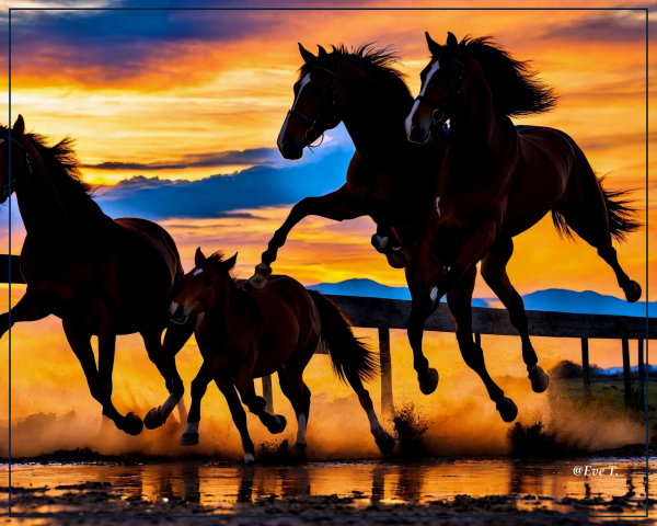 Horses Galloping Through Water at Sunset Scene