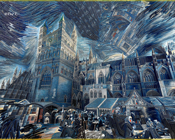 Nocturnal Neo-Impressionist Landscape with Cathedral