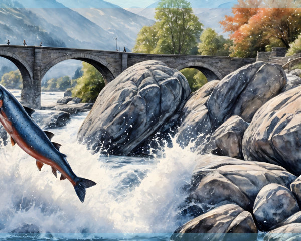 Vibrant River Scene with Fish and Stone Bridge