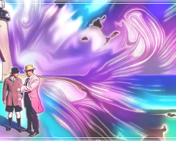 Elegantly Dressed Figures by Colorful Ocean and Lighthouse