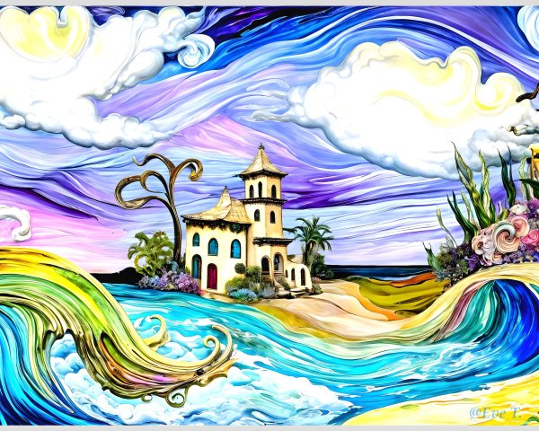Vibrant Coastal Landscape with Whimsical Architecture