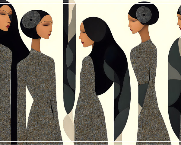 Stylized Female Figures with Flowing Hair and Patterns