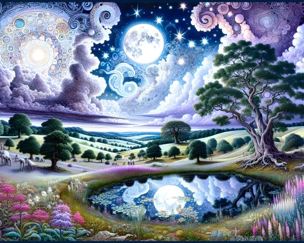 Surreal Landscape with Moonlit Hills and Pond