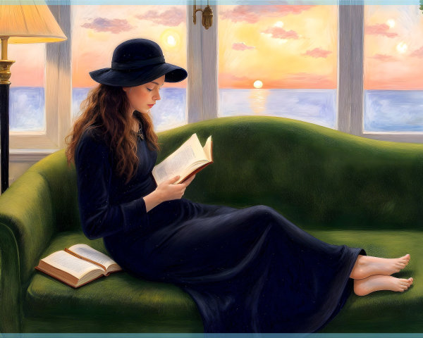 Young Woman Reading on a Green Sofa at Sunset