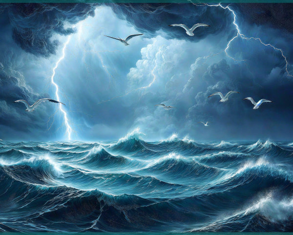 Dramatic Seascape with Stormy Waves and Lightning