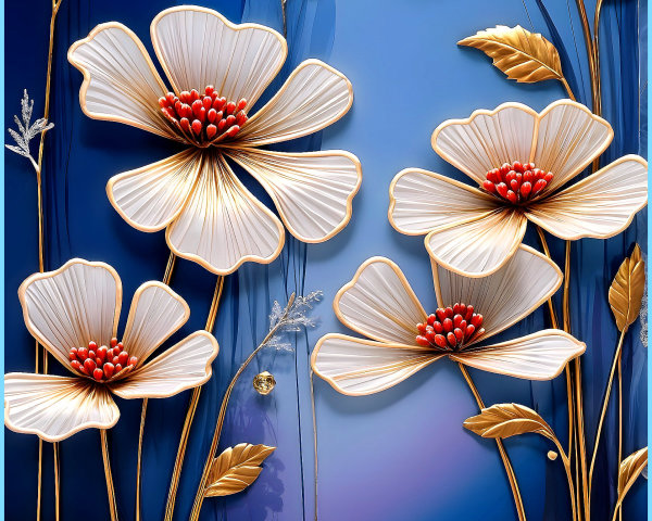 Elegant White Flowers with Red Centers on Blue Background