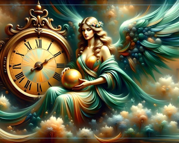 Serene Angelic Figure Beside Grand Clock and Globe