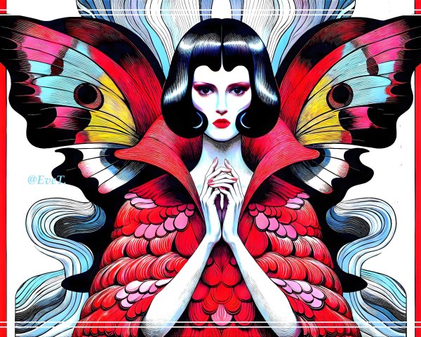 Colorful Figure with Butterfly Wings and Vibrant Background