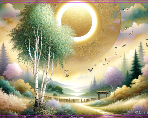 Serene Landscape with Golden Sun and Lush Nature