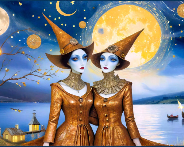Stylized Witch Characters with Golden Attire and Moon