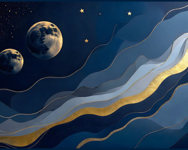 Serene Cosmic Scene with Textured Moons and Stars