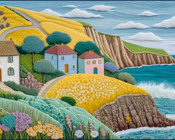 Vibrant Coastal Landscape with Colorful Houses and Waves