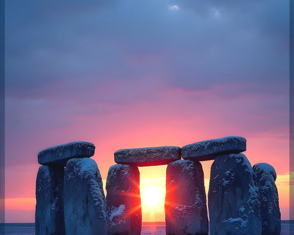 Stonehenge at Sunset Surrounded by Snowy Landscape