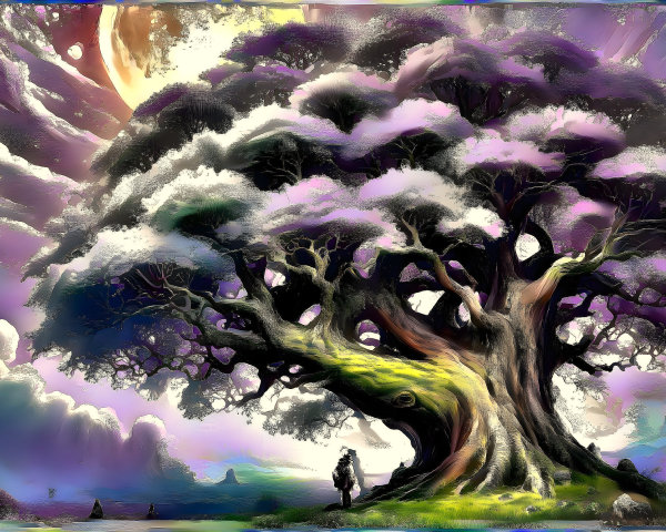 Majestic tree with blossoms under a glowing moon
