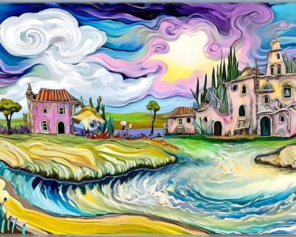 Whimsical Landscape with Pastel Houses and Flowing River