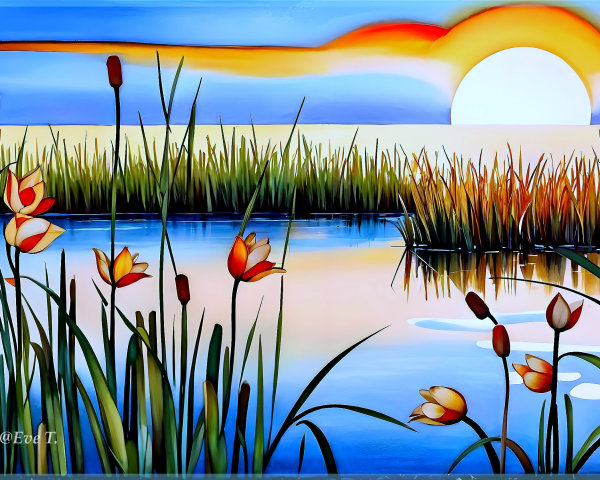 Serene Landscape with Sunset and Reflective Water