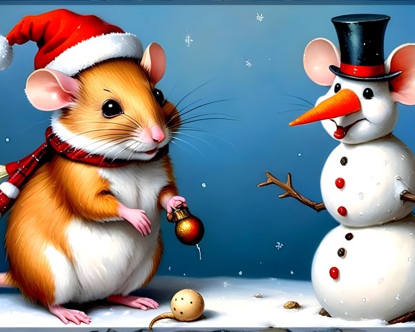 Whimsical Winter Scene with Mouse and Snowman